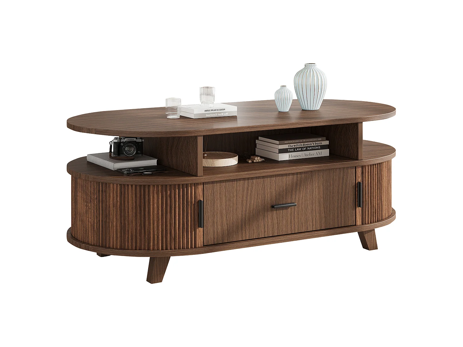 Table basse ovale 100 x 50 x 40 cm - 1 tiroir, 2 portes coulissantes à lamelles - MDF - Marron