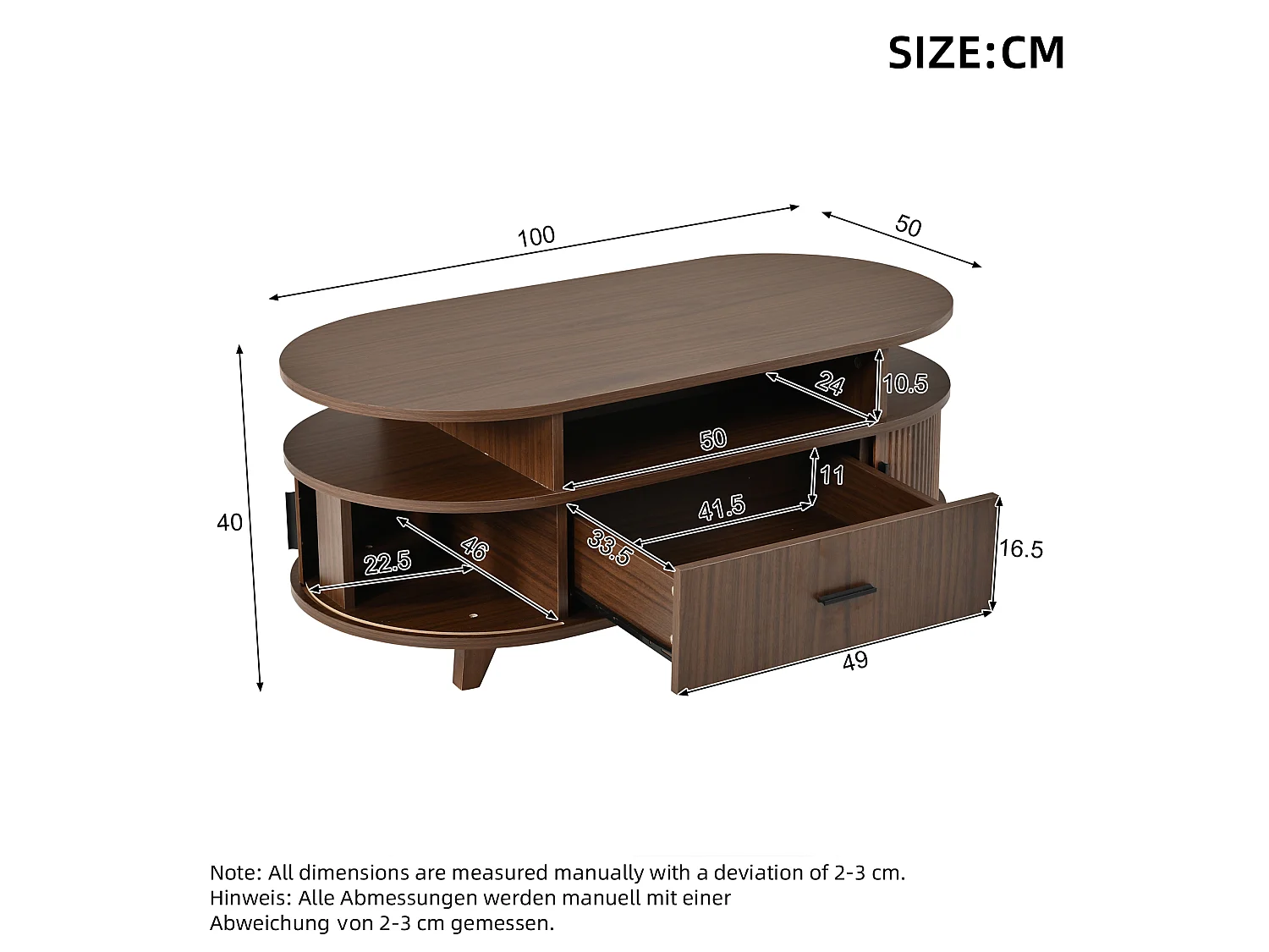 Table basse ovale 100 x 50 x 40 cm - 1 tiroir, 2 portes coulissantes à lamelles - MDF - Marron