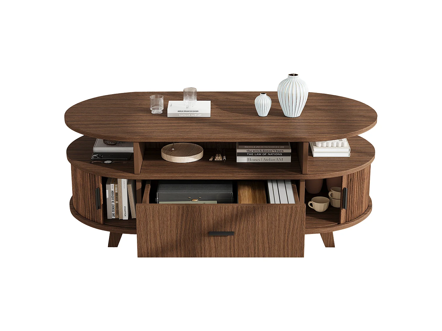 Table basse ovale 100 x 50 x 40 cm - 1 tiroir, 2 portes coulissantes à lamelles - MDF - Marron