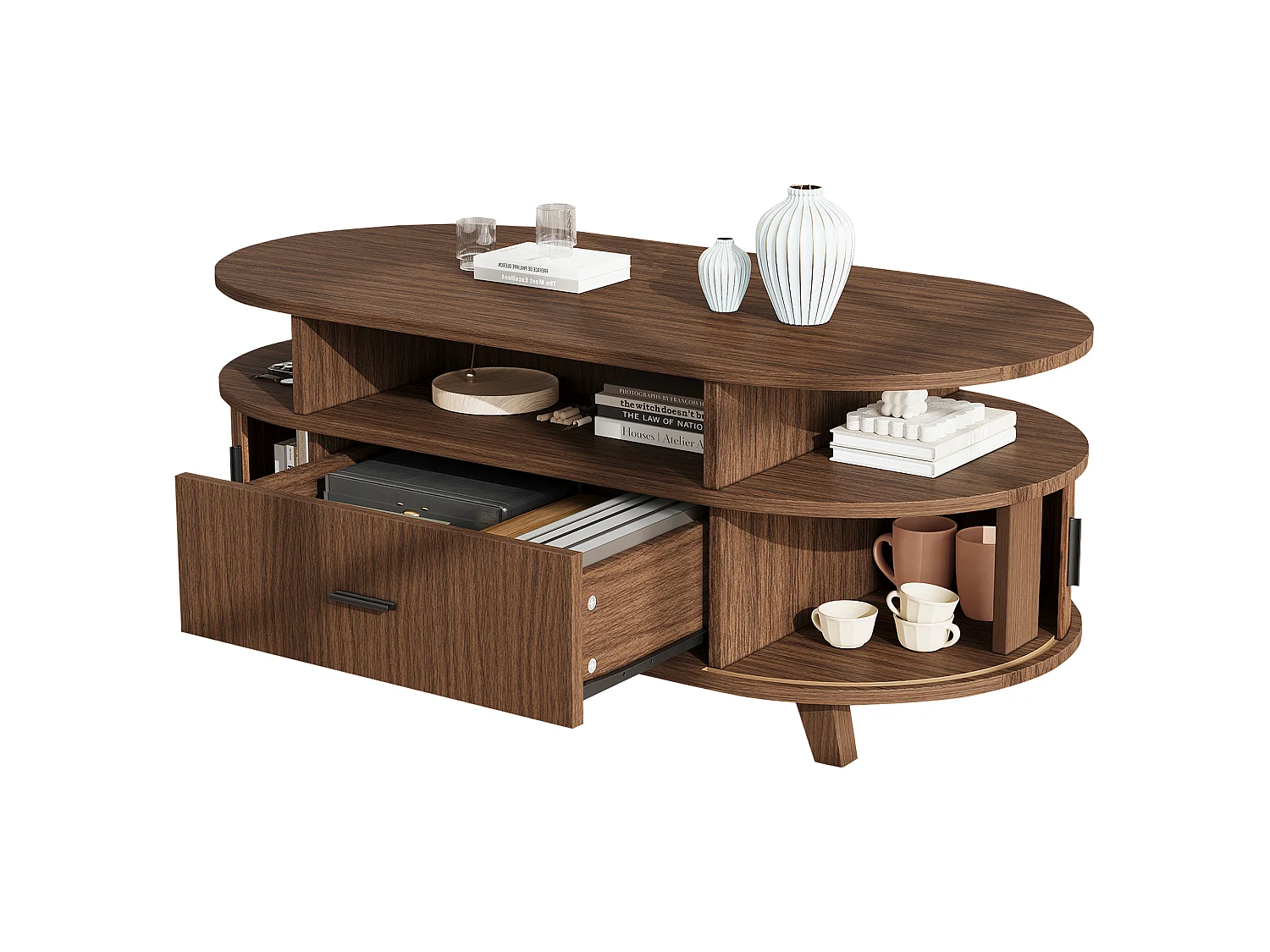 Table basse ovale 100 x 50 x 40 cm - 1 tiroir, 2 portes coulissantes à lamelles - MDF - Marron