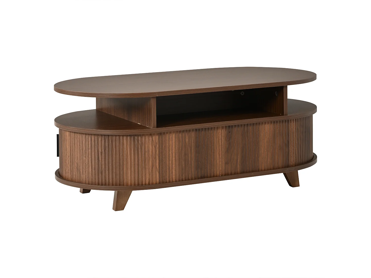 Table basse ovale 100 x 50 x 40 cm - 1 tiroir, 2 portes coulissantes à lamelles - MDF - Marron