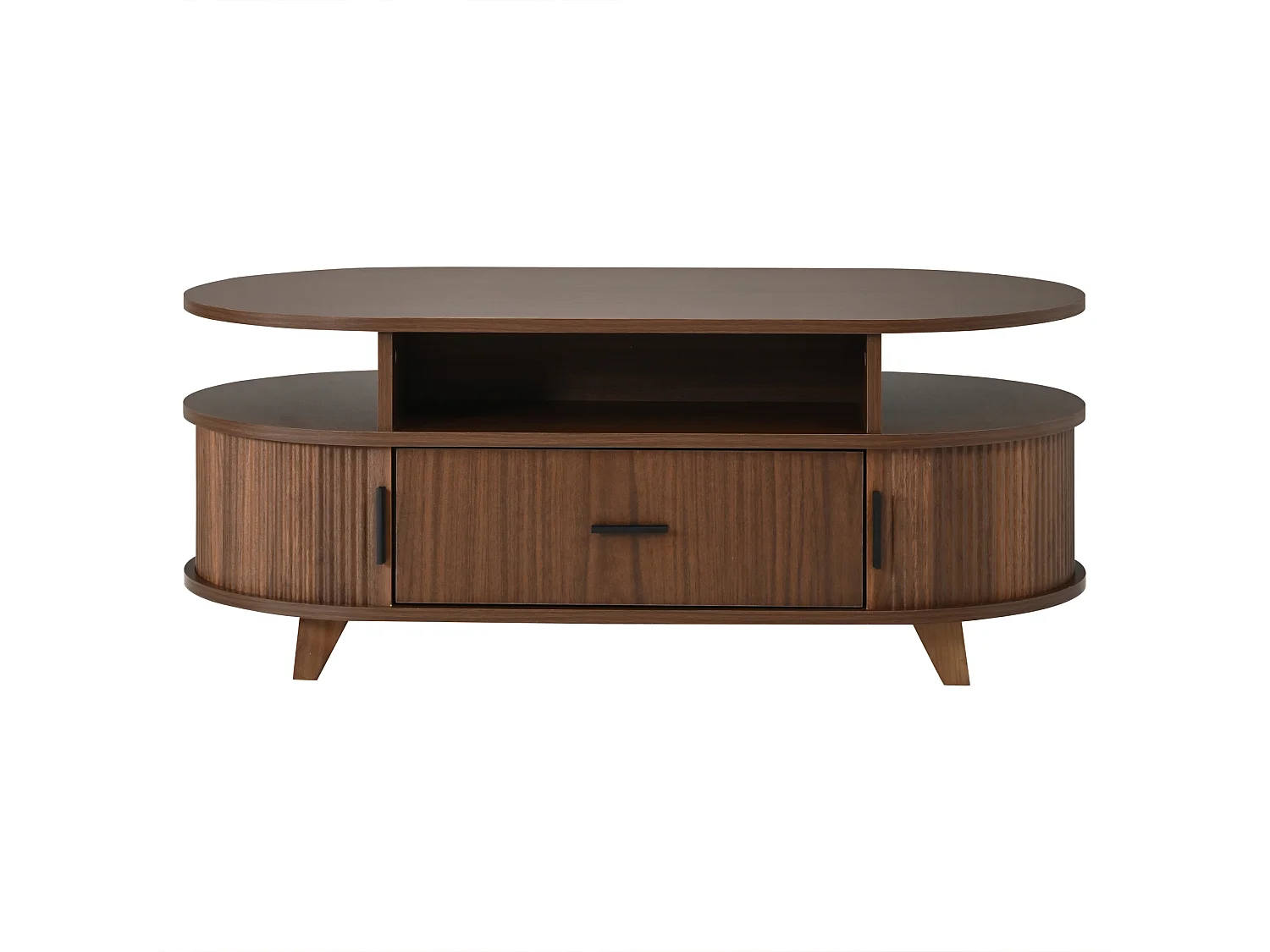 Table basse ovale 100 x 50 x 40 cm - 1 tiroir, 2 portes coulissantes à lamelles - MDF - Marron