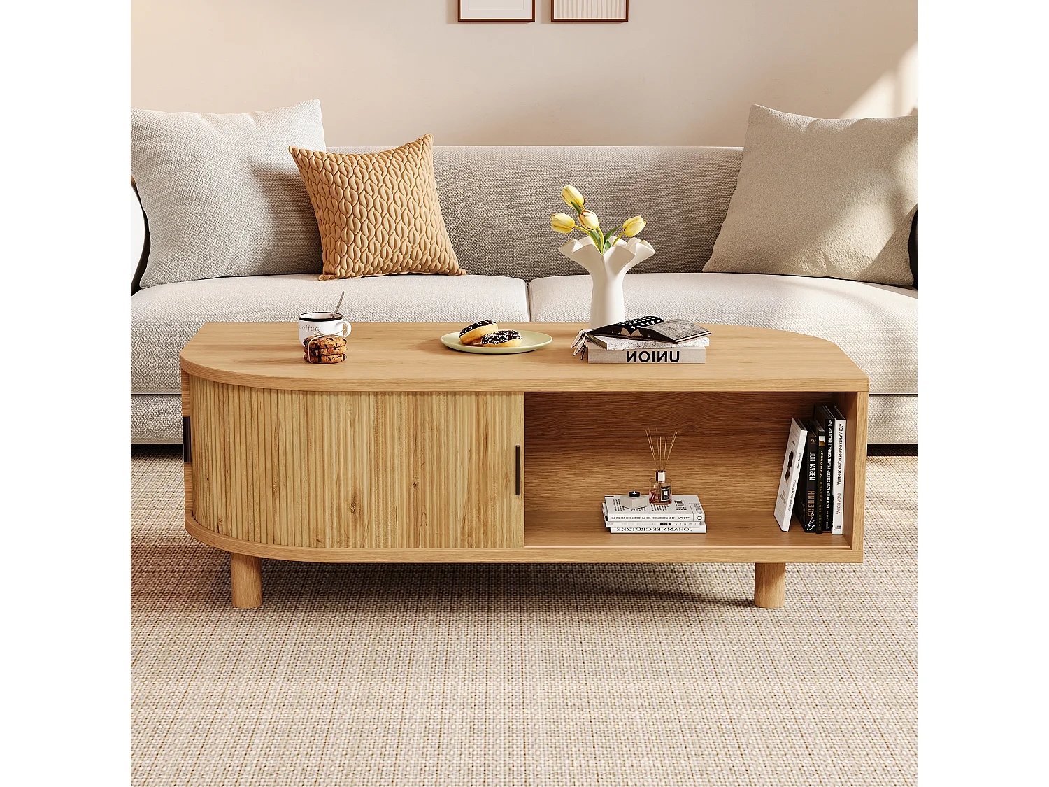 Table basse 100x50x35 cm - 2 portes coulissantes et espace de rangement - Pieds en bois massif - MDF - Naturel