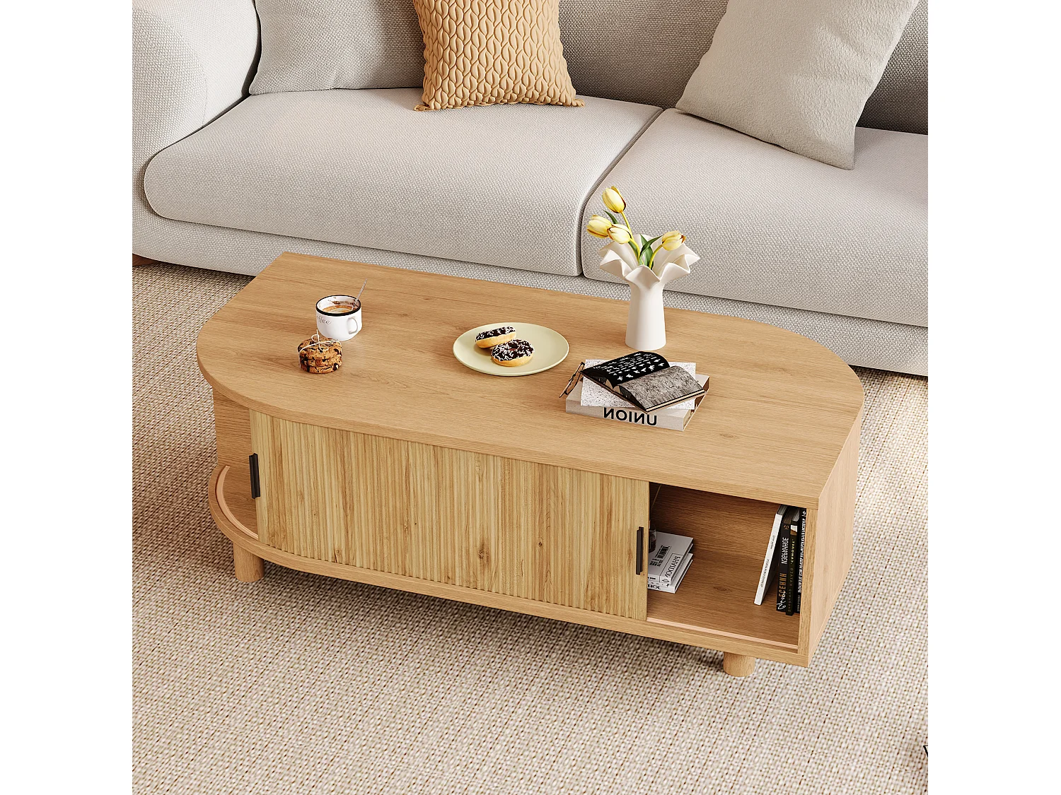 Table basse 100x50x35 cm - 2 portes coulissantes et espace de rangement - Pieds en bois massif - MDF - Naturel