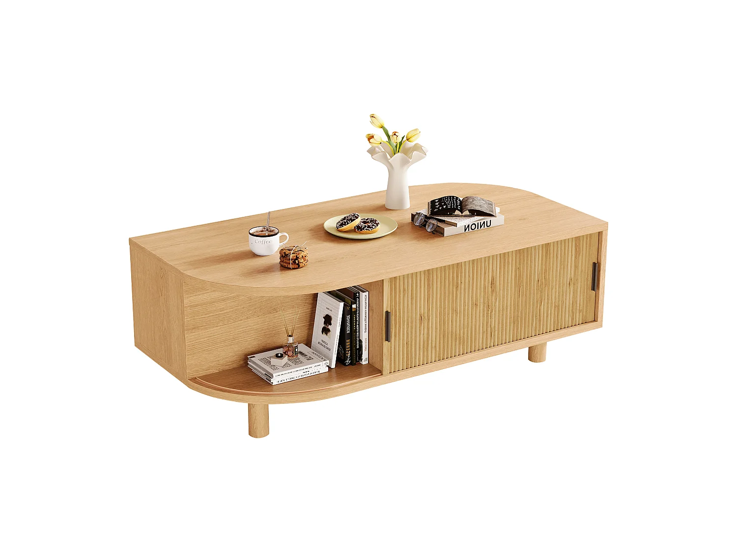 Table basse 100x50x35 cm - 2 portes coulissantes et espace de rangement - Pieds en bois massif - MDF - Naturel