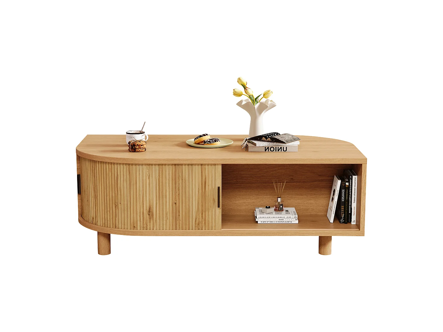 Table basse 100x50x35 cm - 2 portes coulissantes et espace de rangement - Pieds en bois massif - MDF - Naturel