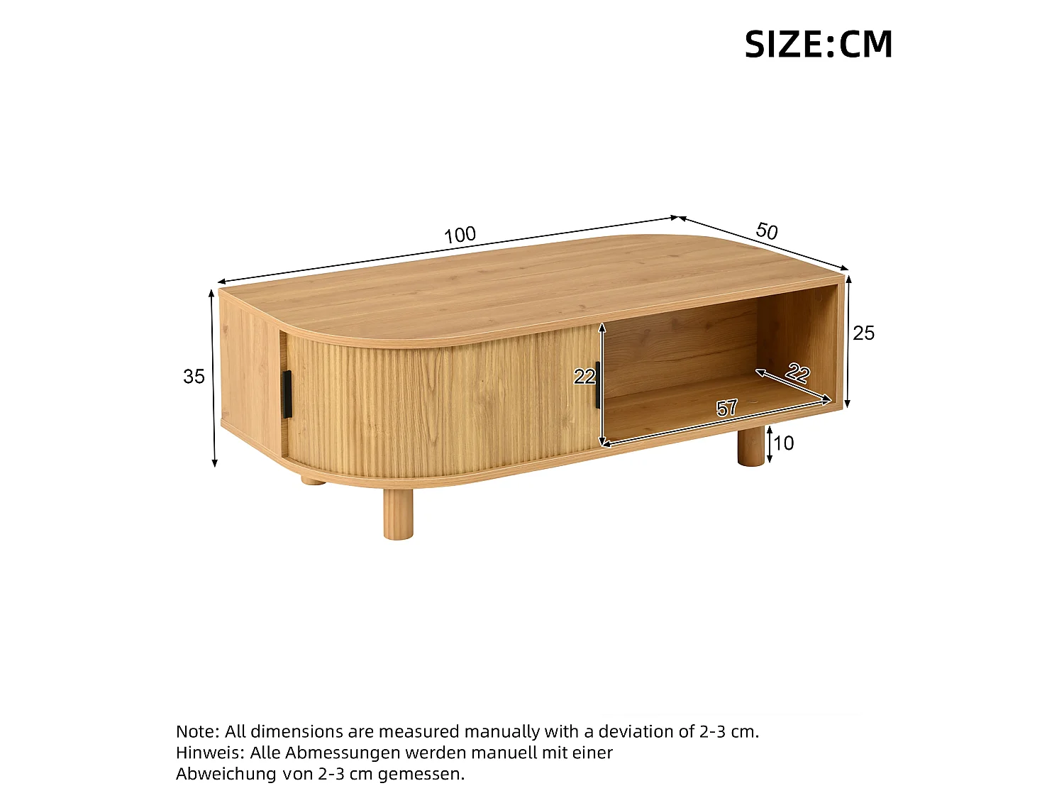 Table basse 100x50x35 cm - 2 portes coulissantes et espace de rangement - Pieds en bois massif - MDF - Naturel