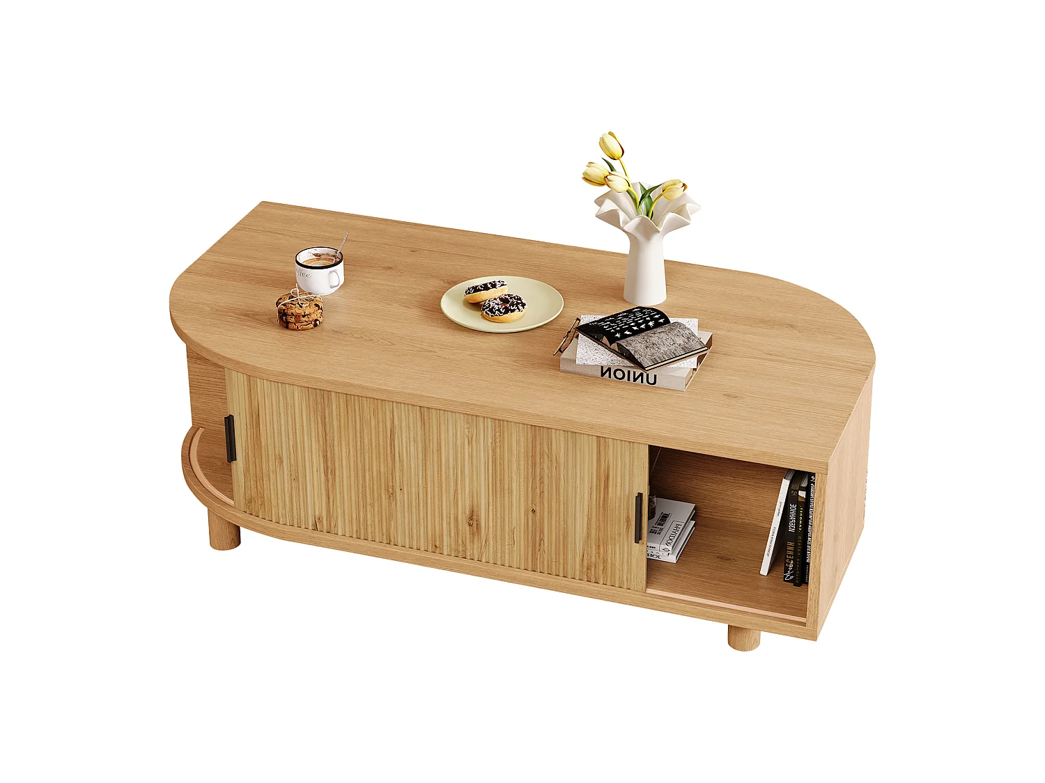 Table basse 100x50x35 cm - 2 portes coulissantes et espace de rangement - Pieds en bois massif - MDF - Naturel