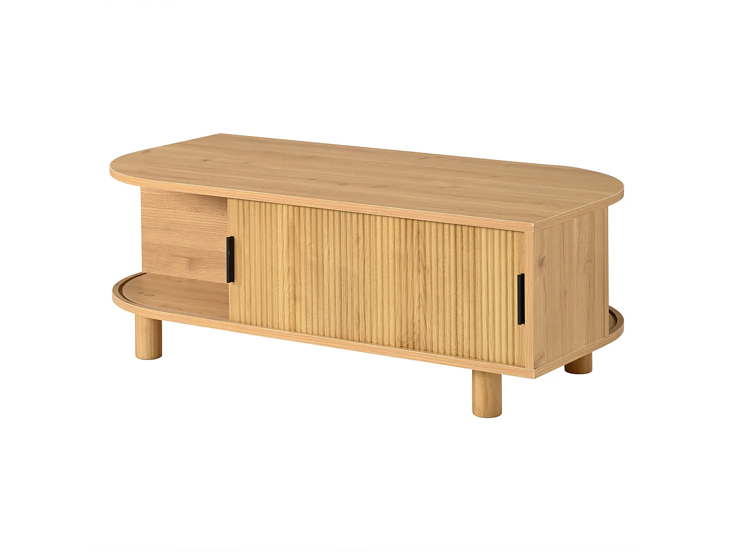 Table basse 100x50x35 cm - 2 portes coulissantes et espace de rangement - Pieds en bois massif - MDF - Naturel