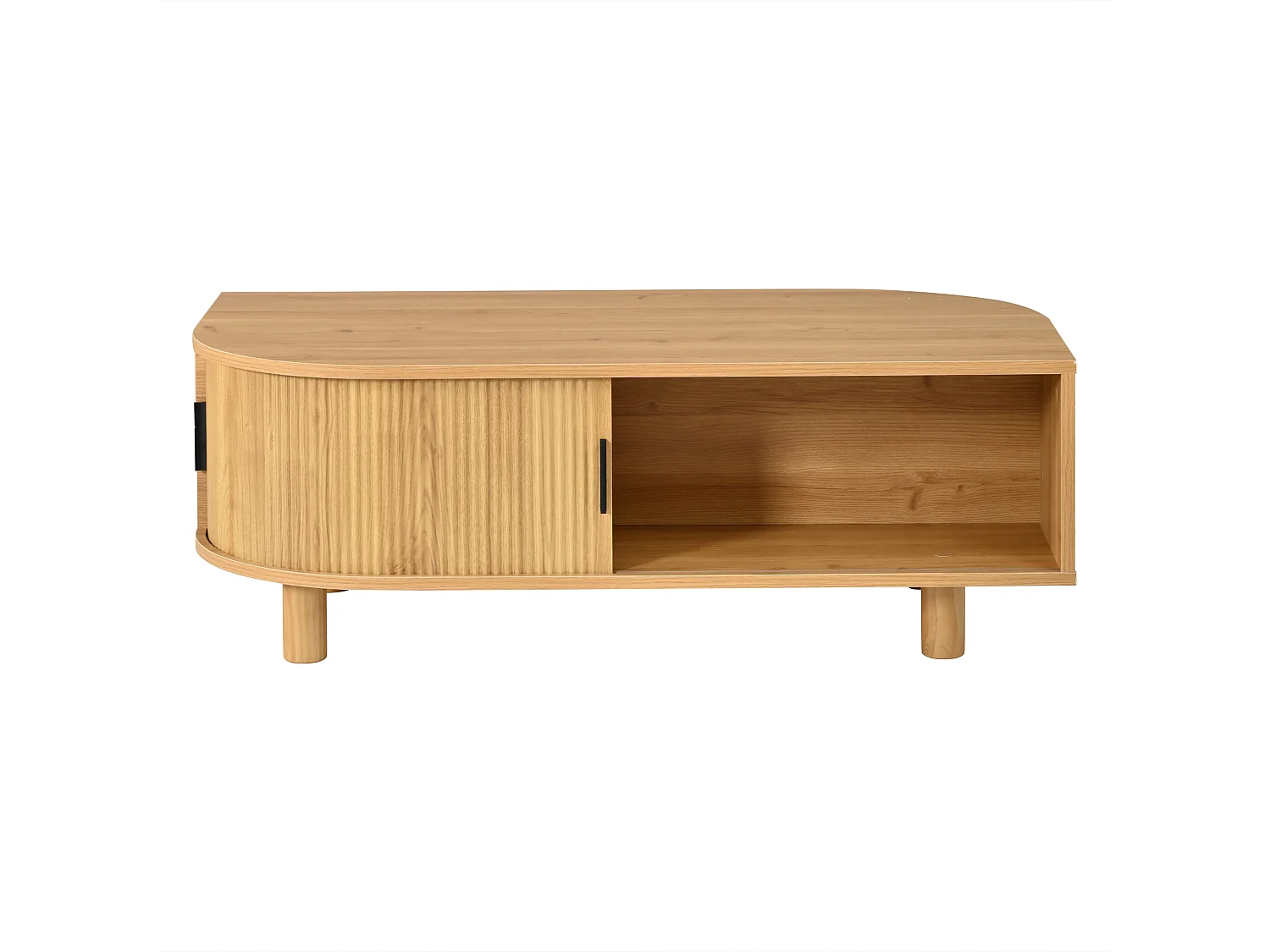 Table basse 100x50x35 cm - 2 portes coulissantes et espace de rangement - Pieds en bois massif - MDF - Naturel