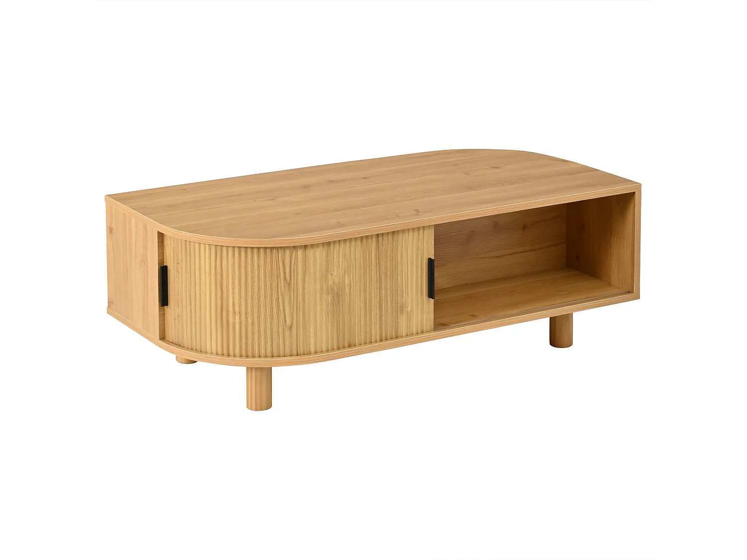 Table basse 100x50x35 cm - 2 portes coulissantes et espace de rangement - Pieds en bois massif - MDF - Naturel