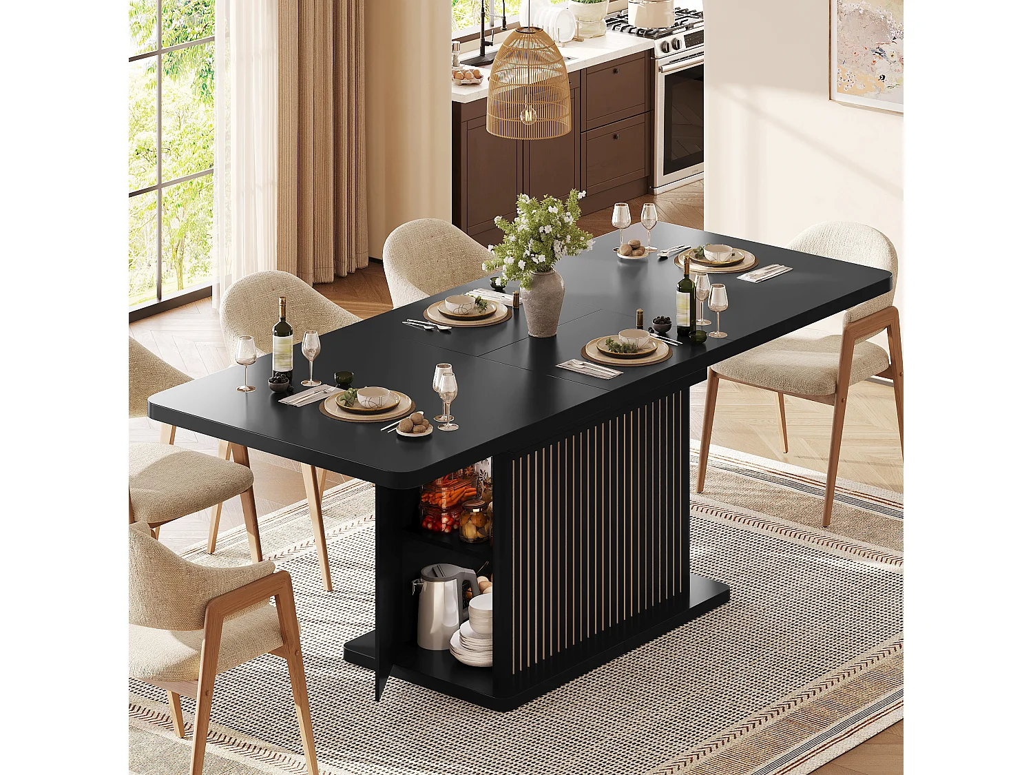 Table à Manger Extensible 120-160cm en Noir Mat - Table de Repas Multifonction avec Rangement Caché & Reliefs Verticaux, Style Contemporain - Noir Mat