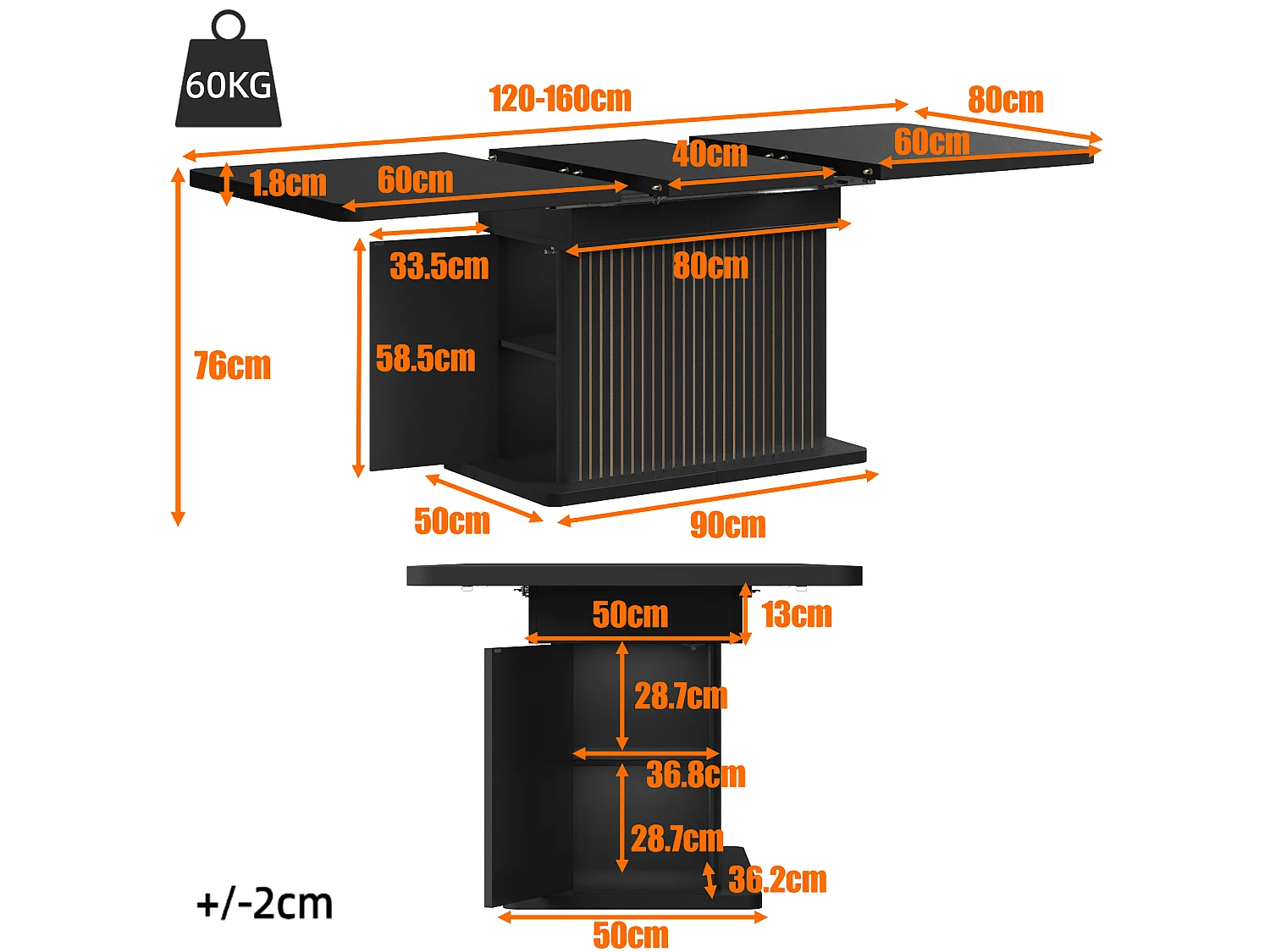 Table à Manger Extensible 120-160cm en Noir Mat - Table de Repas Multifonction avec Rangement Caché & Reliefs Verticaux, Style Contemporain - Noir Mat