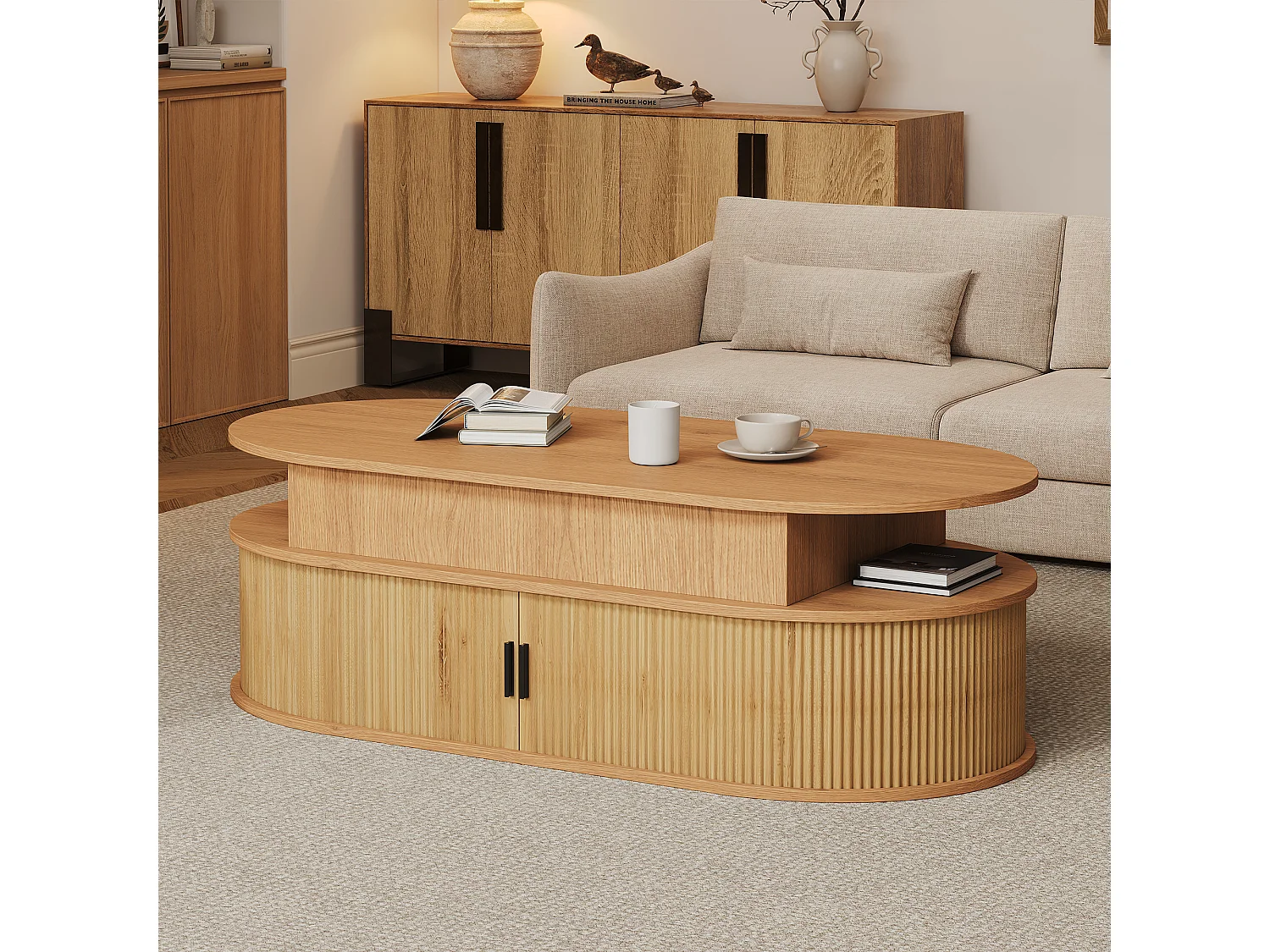 Table basse relevable 100x50x40 cm - Hauteur relevable jusqu'à 55 cm - 2 portes coulissantes à lattes - Naturel