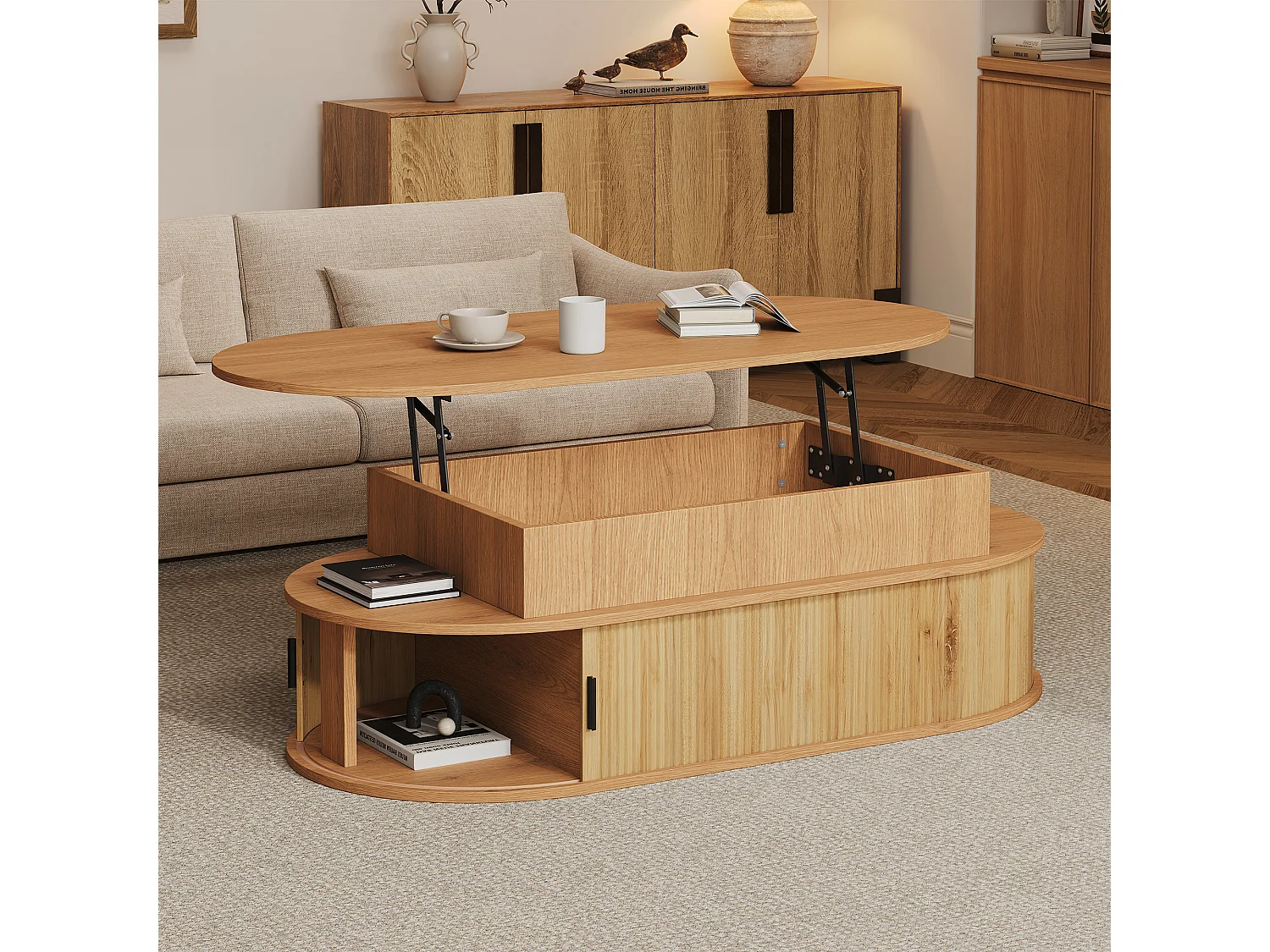 Table basse relevable 100x50x40 cm - Hauteur relevable jusqu'à 55 cm - 2 portes coulissantes à lattes - Naturel