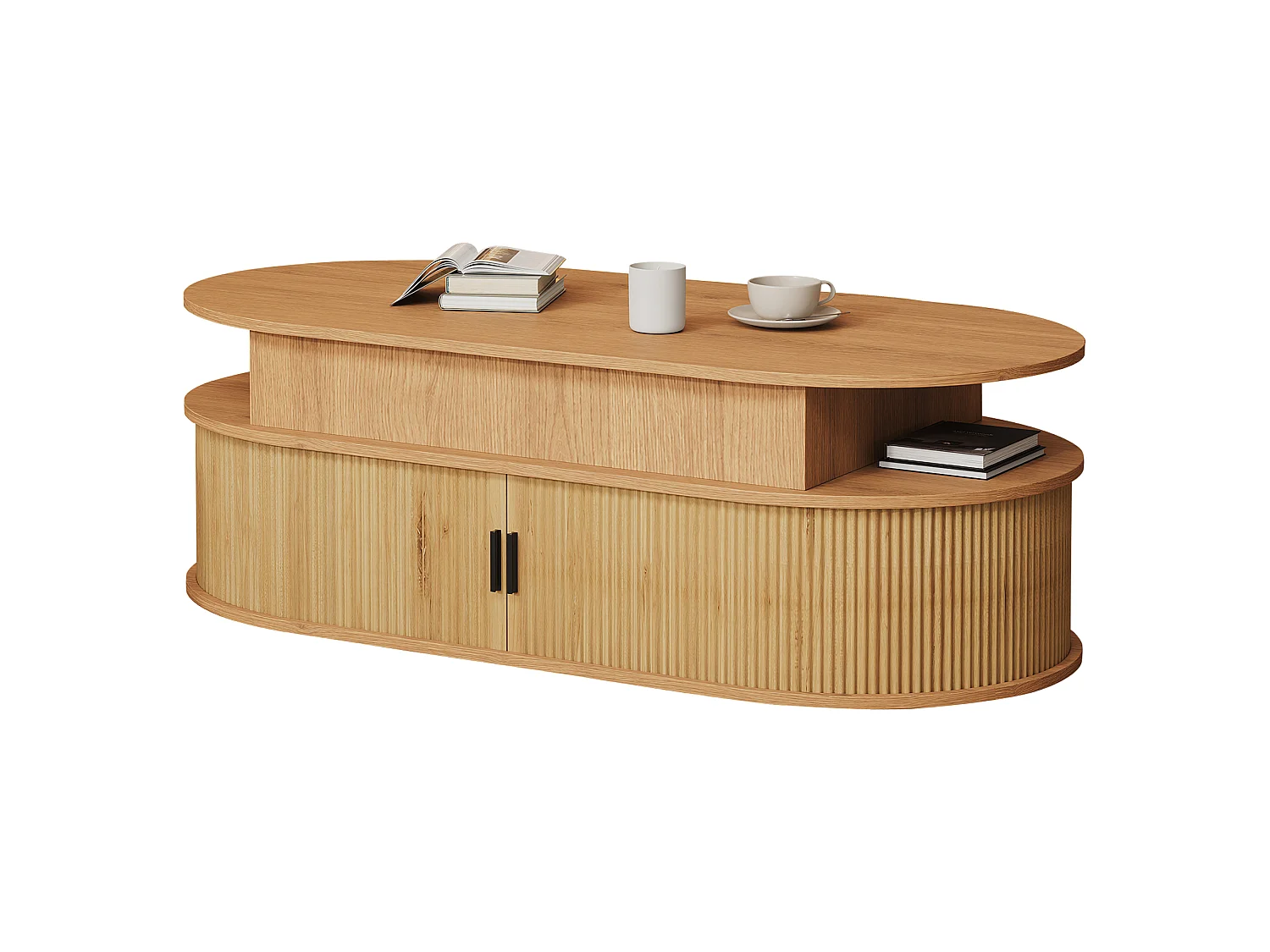 Table basse relevable 100x50x40 cm - Hauteur relevable jusqu'à 55 cm - 2 portes coulissantes à lattes - Naturel