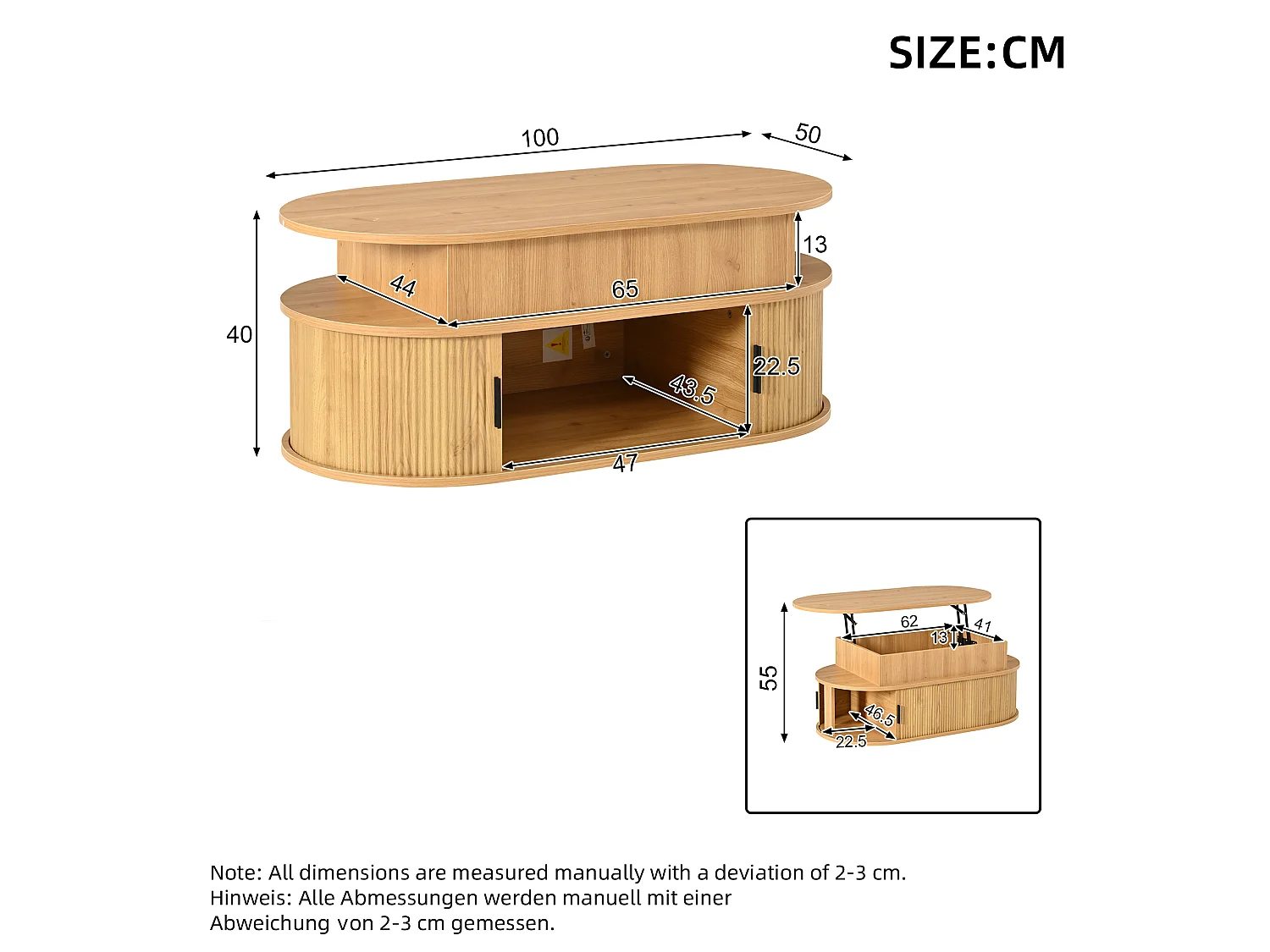 Table basse relevable 100x50x40 cm - Hauteur relevable jusqu'à 55 cm - 2 portes coulissantes à lattes - Naturel