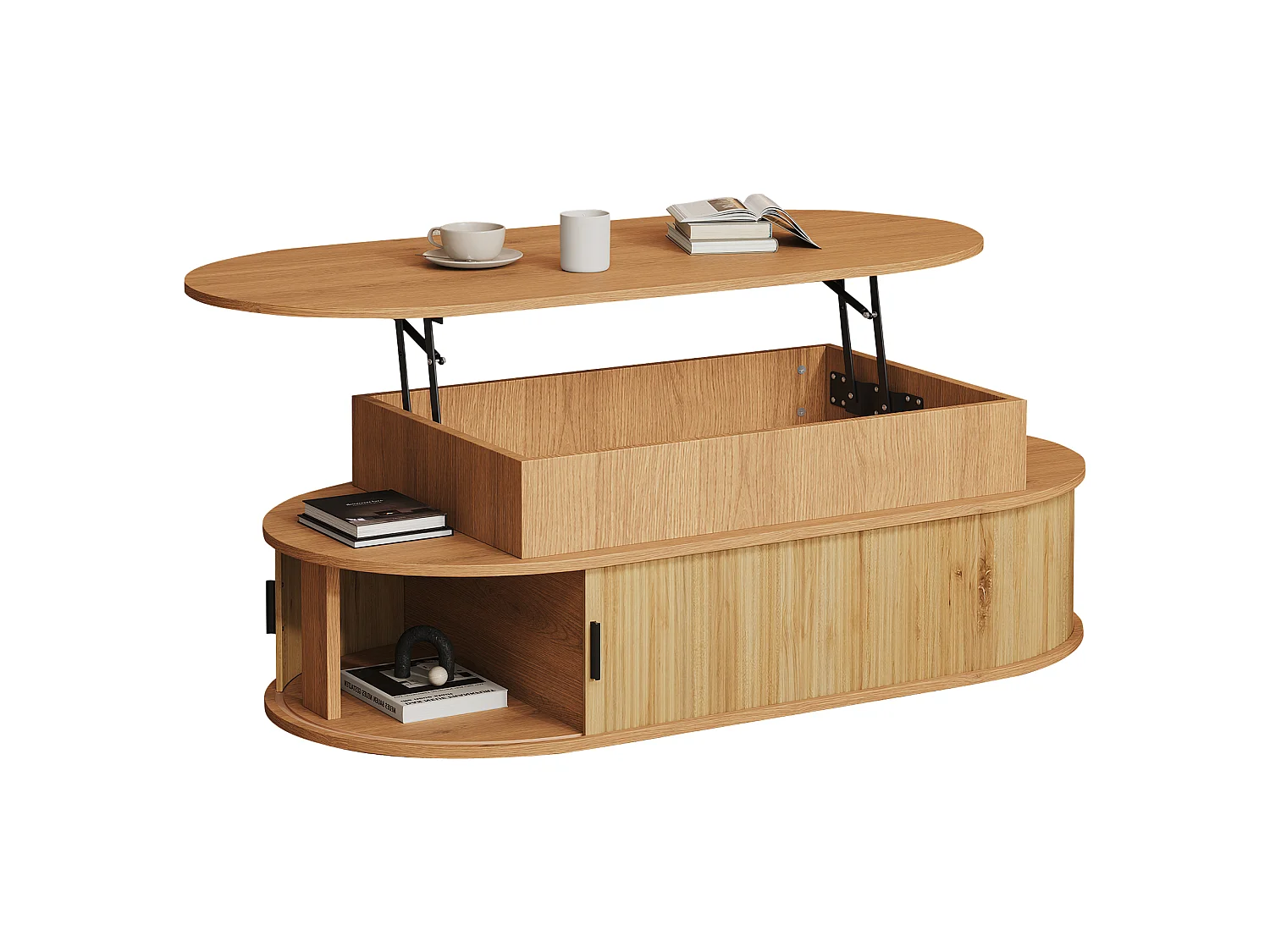 Table basse relevable 100x50x40 cm - Hauteur relevable jusqu'à 55 cm - 2 portes coulissantes à lattes - Naturel
