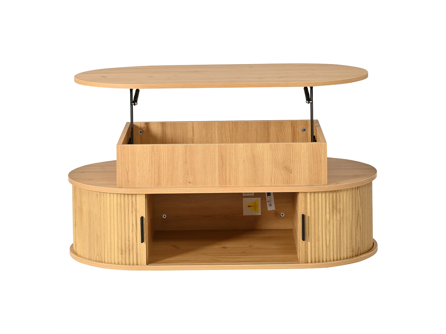 Table basse relevable 100x50x40 cm - Hauteur relevable jusqu'à 55 cm - 2 portes coulissantes à lattes - Naturel