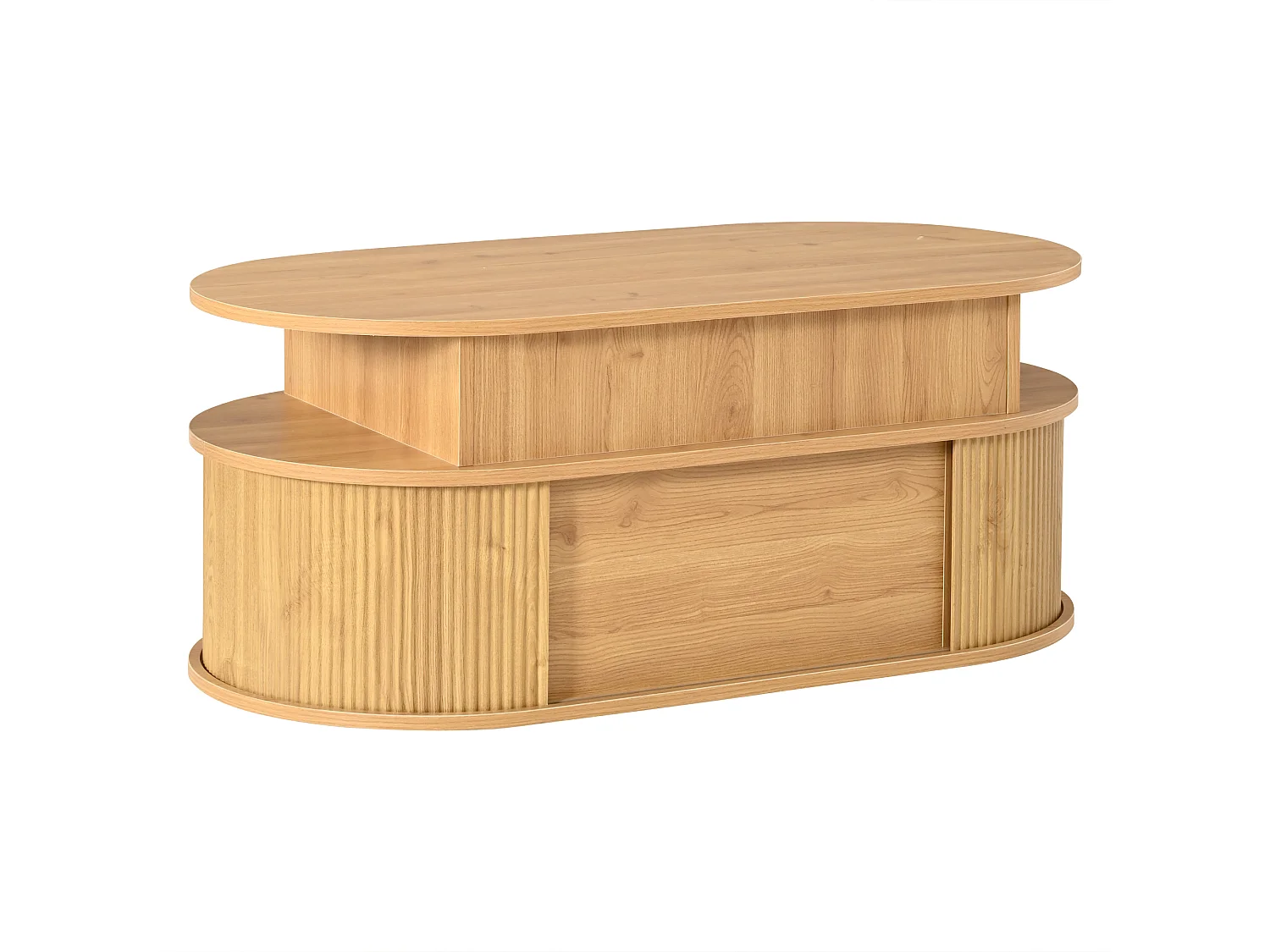 Table basse relevable 100x50x40 cm - Hauteur relevable jusqu'à 55 cm - 2 portes coulissantes à lattes - Naturel