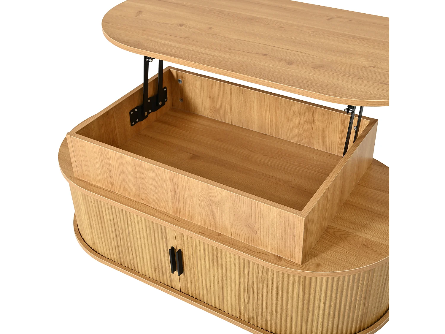 Table basse relevable 100x50x40 cm - Hauteur relevable jusqu'à 55 cm - 2 portes coulissantes à lattes - Naturel