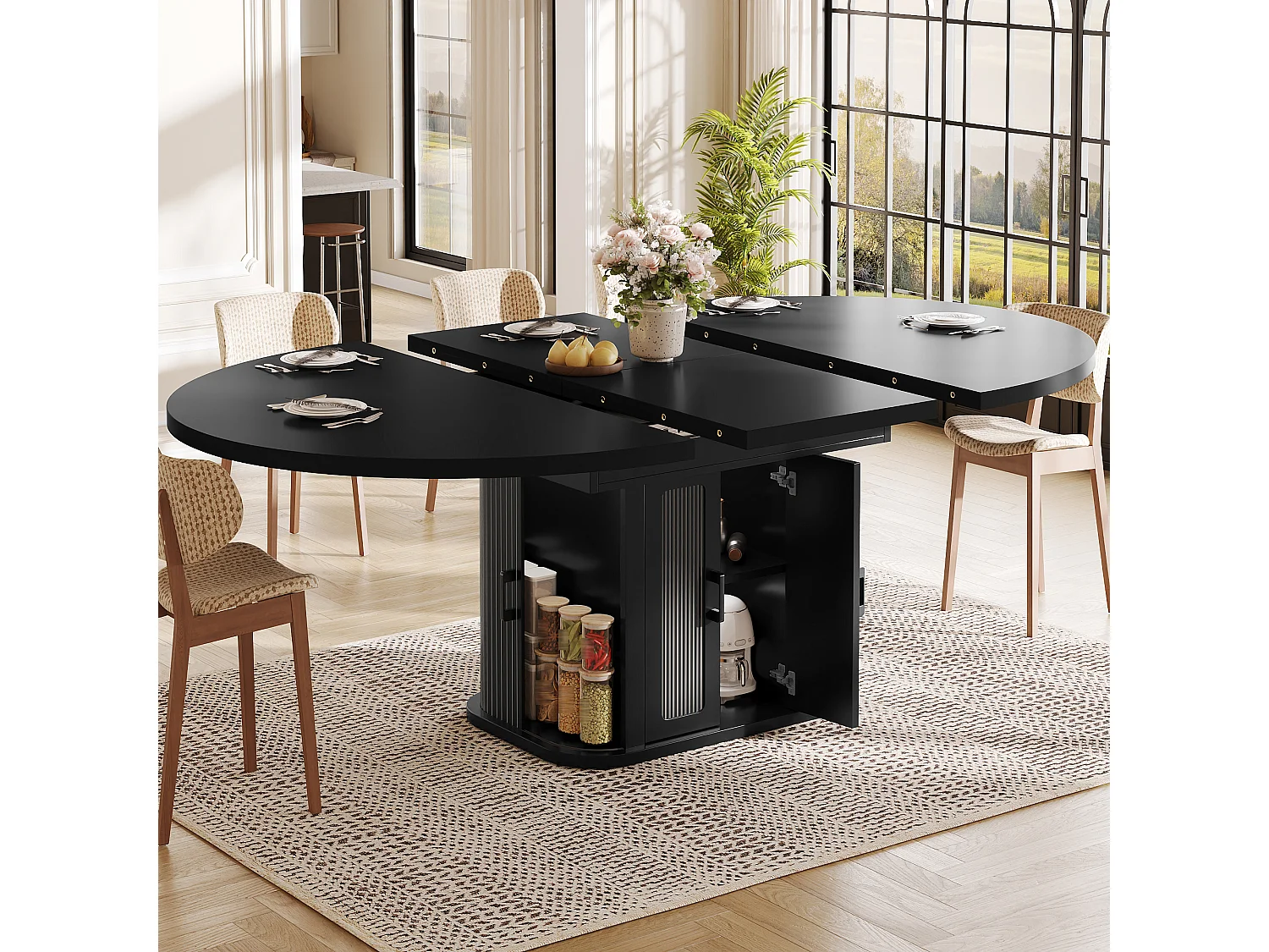 Mesa de Jantar Redonda Extensível 118-158cm - Mesa de Refeição Multifuncional com Portas Tambor, Prateleiras Ajustáveis & Relevos Verticais - Preto Fosco