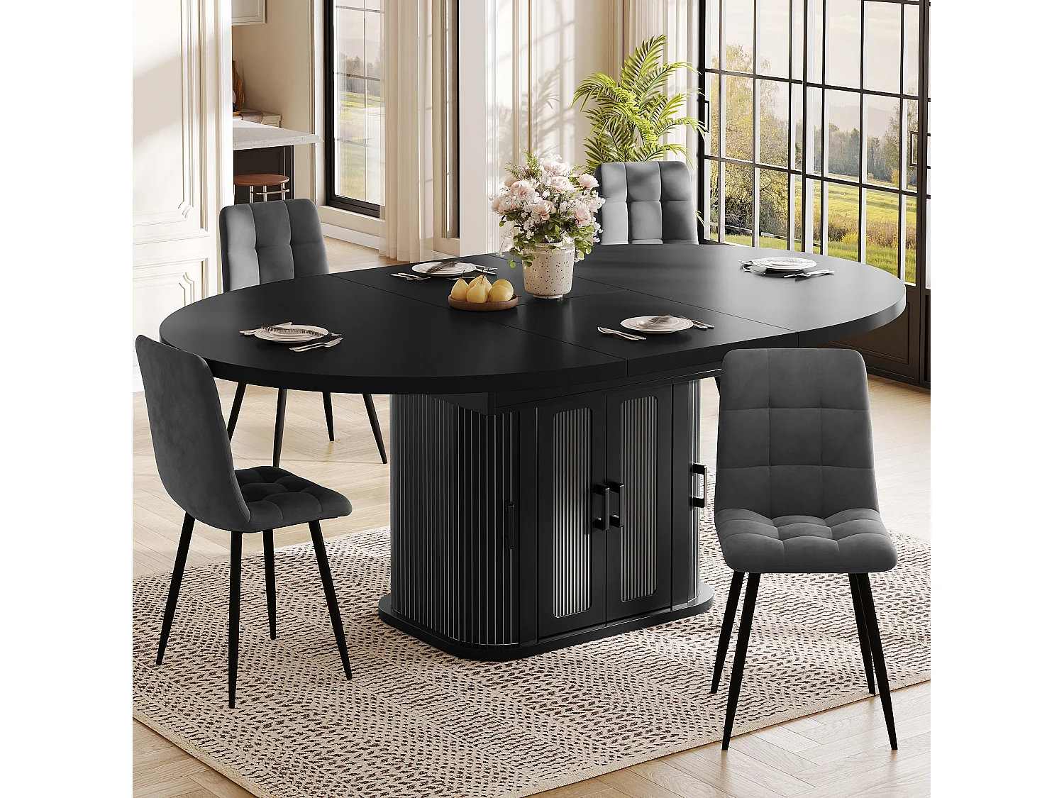 Mesa de Jantar Redonda Extensível 118-158cm - Mesa de Refeição Multifuncional com Portas Tambor, Prateleiras Ajustáveis & Relevos Verticais - Preto Fosco