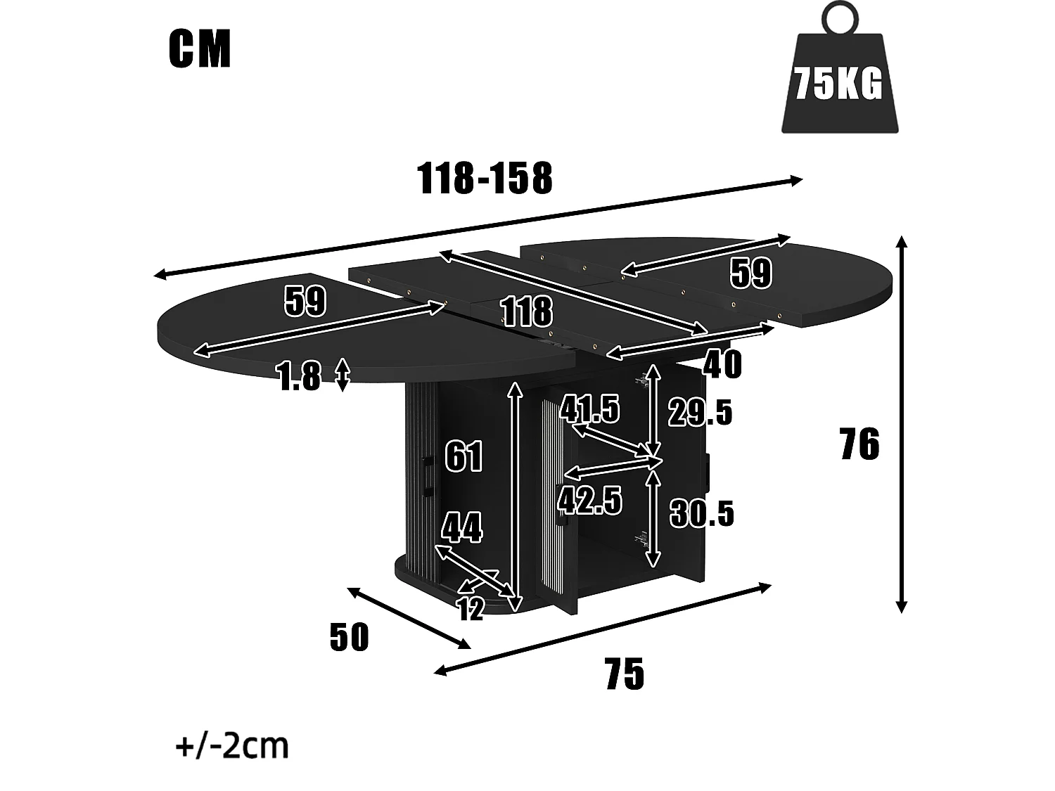 Mesa de Jantar Redonda Extensível 118-158cm - Mesa de Refeição Multifuncional com Portas Tambor, Prateleiras Ajustáveis & Relevos Verticais - Preto Fosco