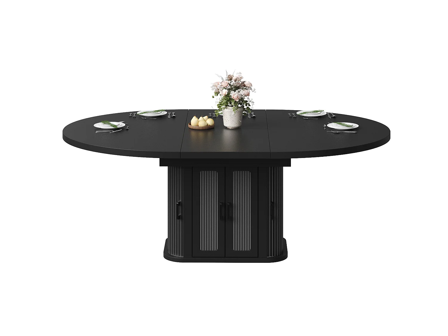 Mesa de Jantar Redonda Extensível 118-158cm - Mesa de Refeição Multifuncional com Portas Tambor, Prateleiras Ajustáveis & Relevos Verticais - Preto Fosco