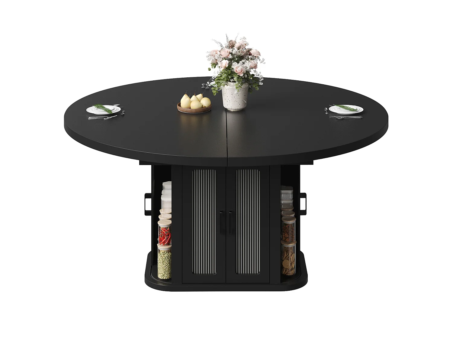 Mesa de Jantar Redonda Extensível 118-158cm - Mesa de Refeição Multifuncional com Portas Tambor, Prateleiras Ajustáveis & Relevos Verticais - Preto Fosco