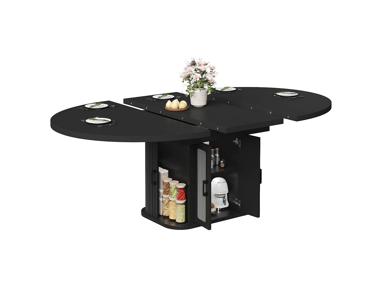 Mesa de Jantar Redonda Extensível 118-158cm - Mesa de Refeição Multifuncional com Portas Tambor, Prateleiras Ajustáveis & Relevos Verticais - Preto Fosco
