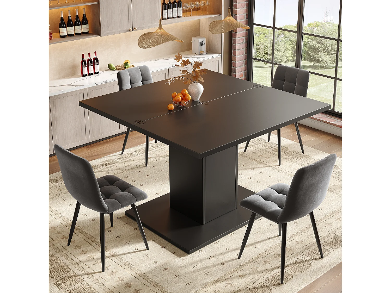 Table à Manger Pliante Extensible 60-120cm - Table Repas Carrée avec Rangement Intégré et Socle Colonne - Noir