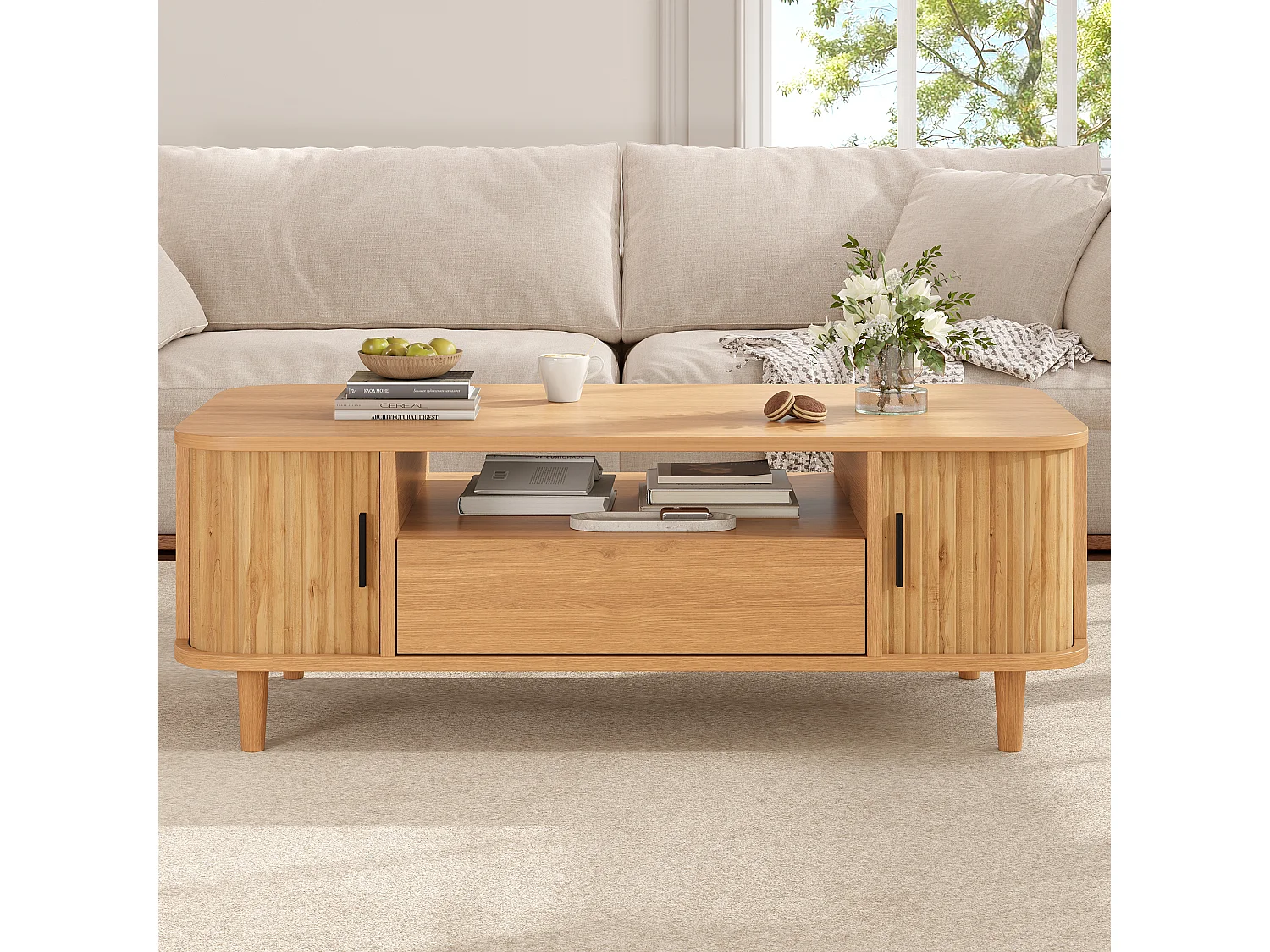 Table basse 100x50x35 cm - 1 tiroir, 2 portes à persiennes et 1 compartiment ouvert - Pieds en bois massif - MDF - Naturel
