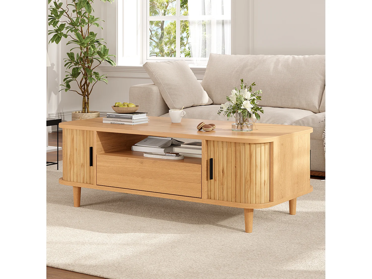 Table basse 100x50x35 cm - 1 tiroir, 2 portes à persiennes et 1 compartiment ouvert - Pieds en bois massif - MDF - Naturel