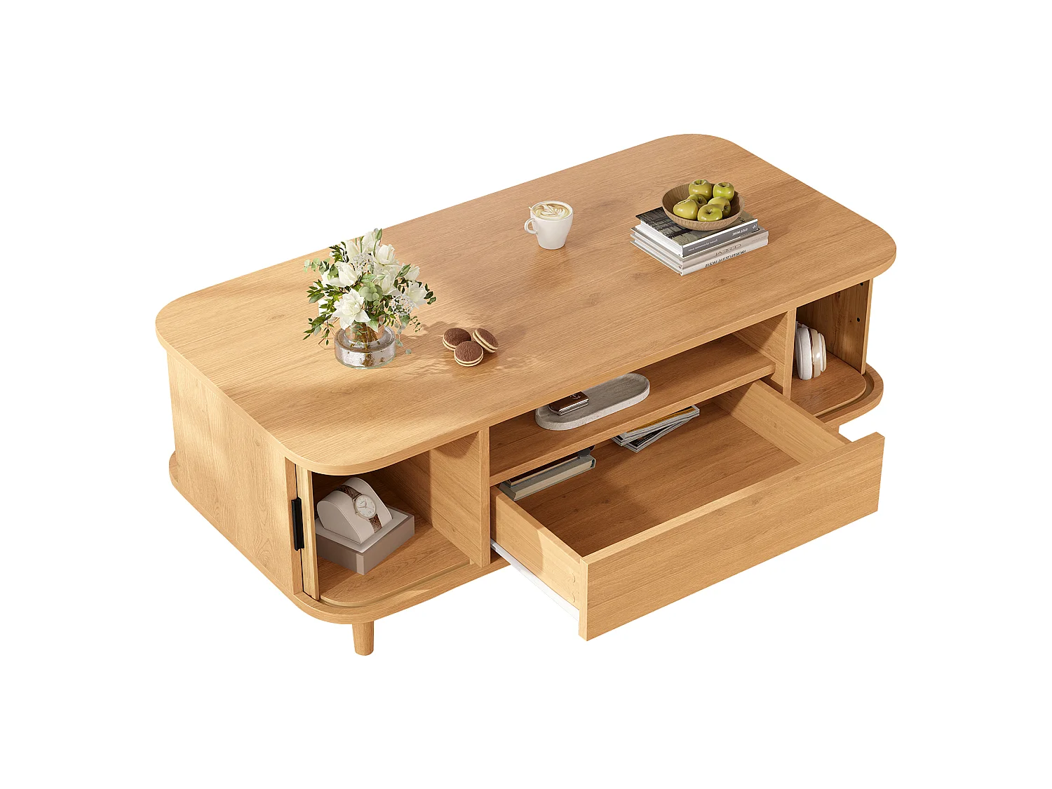 Table basse 100x50x35 cm - 1 tiroir, 2 portes à persiennes et 1 compartiment ouvert - Pieds en bois massif - MDF - Naturel