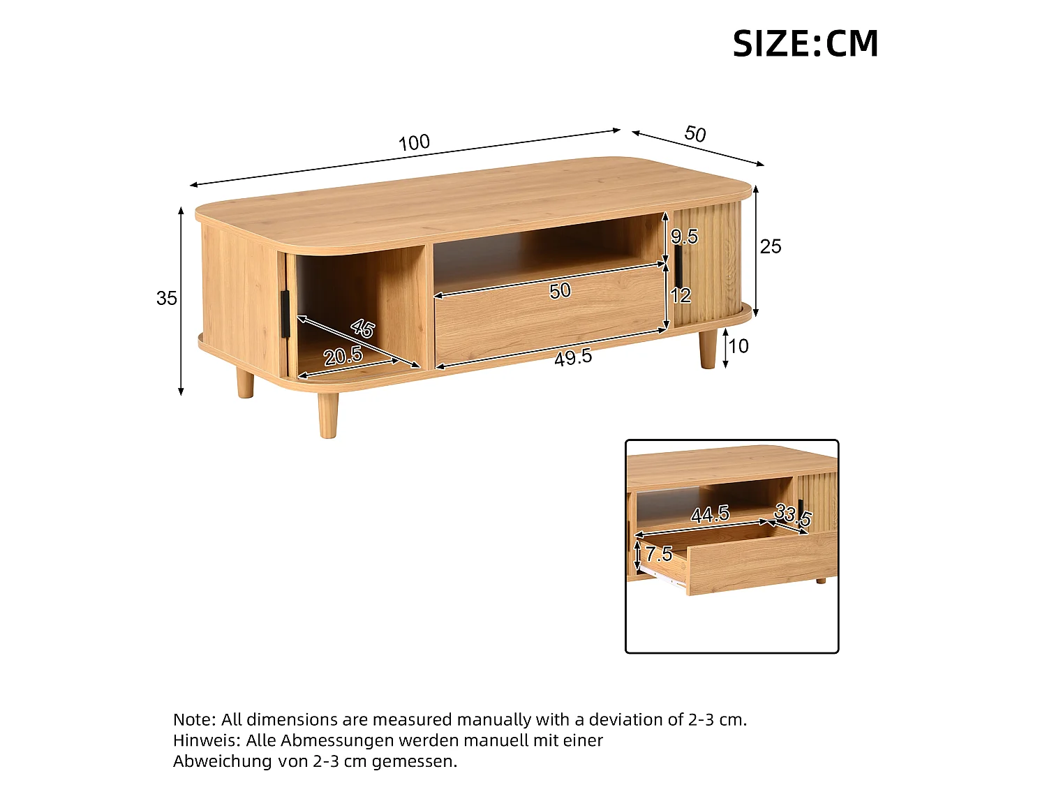 Table basse 100x50x35 cm - 1 tiroir, 2 portes à persiennes et 1 compartiment ouvert - Pieds en bois massif - MDF - Naturel