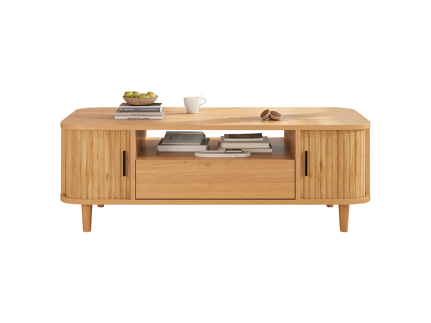 Table basse 100x50x35 cm - 1 tiroir, 2 portes à persiennes et 1 compartiment ouvert - Pieds en bois massif - MDF - Naturel