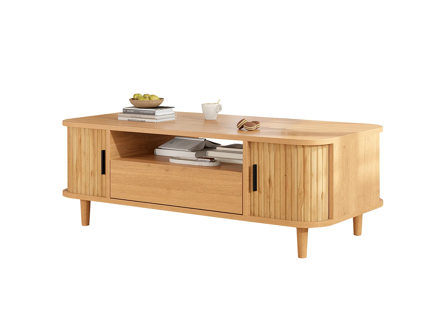 Table basse 100x50x35 cm - 1 tiroir, 2 portes à persiennes et 1 compartiment ouvert - Pieds en bois massif - MDF - Naturel