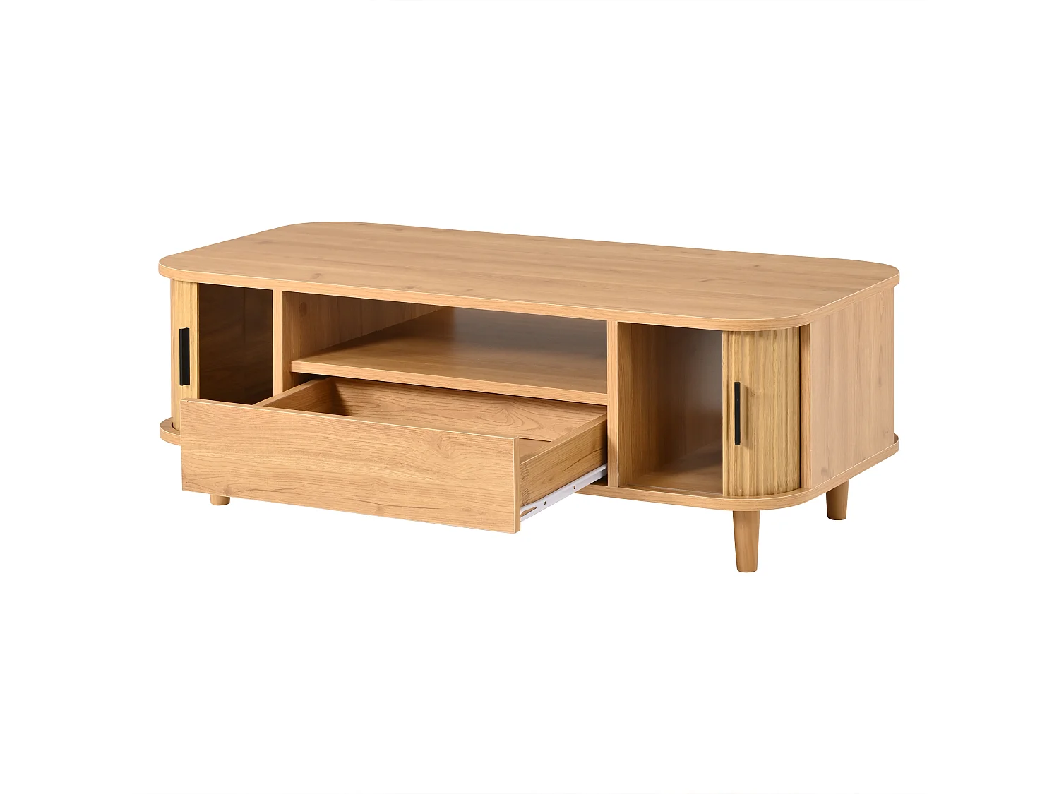 Table basse 100x50x35 cm - 1 tiroir, 2 portes à persiennes et 1 compartiment ouvert - Pieds en bois massif - MDF - Naturel