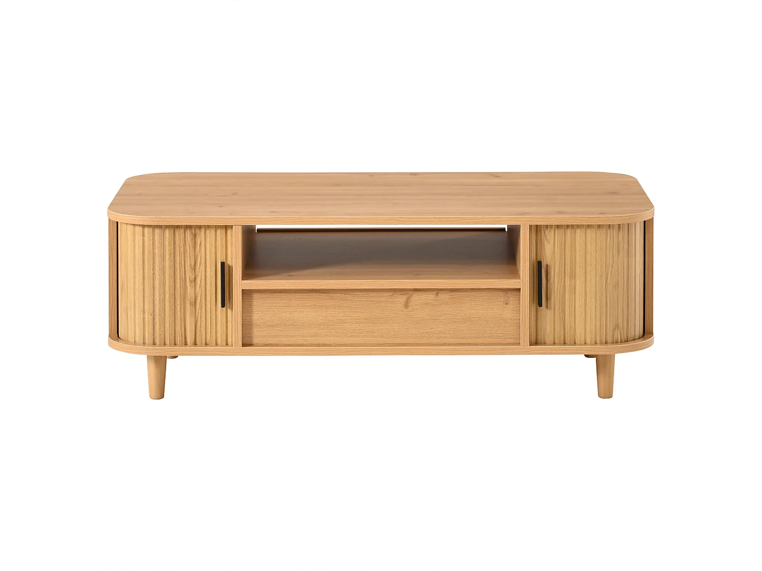 Table basse 100x50x35 cm - 1 tiroir, 2 portes à persiennes et 1 compartiment ouvert - Pieds en bois massif - MDF - Naturel