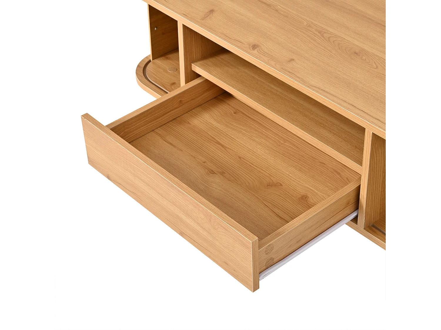 Table basse 100x50x35 cm - 1 tiroir, 2 portes à persiennes et 1 compartiment ouvert - Pieds en bois massif - MDF - Naturel