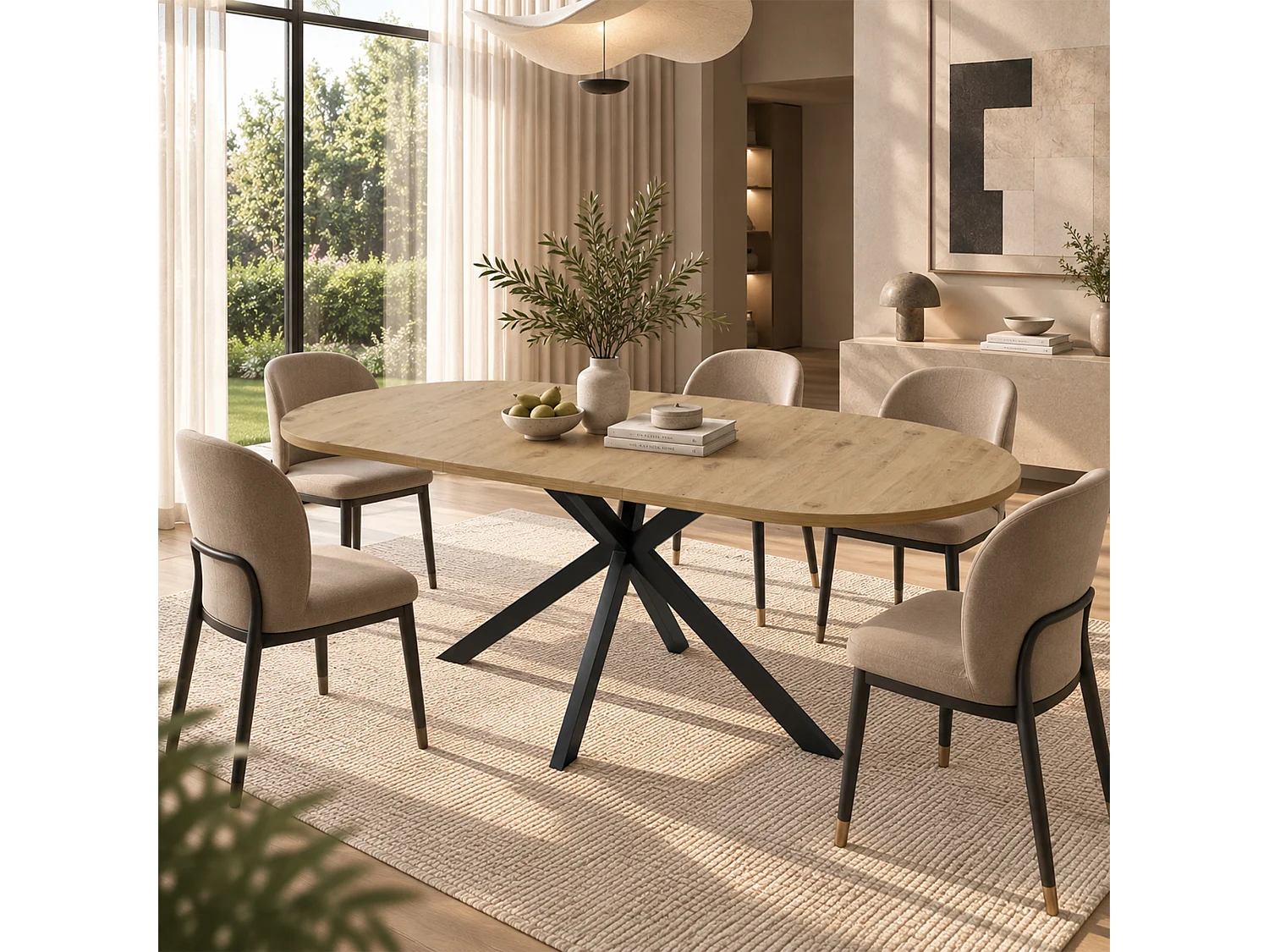 Table à manger extensible 160/120 x 80 cm - Capacité 4 à 6 personnes - Plateau rond/ovale - Pieds en métal - MDF - Naturel