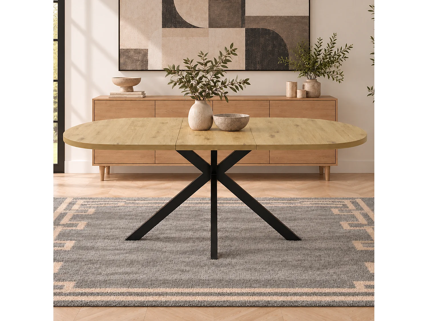 Table à manger extensible 160/120 x 80 cm - Capacité 4 à 6 personnes - Plateau rond/ovale - Pieds en métal - MDF - Naturel