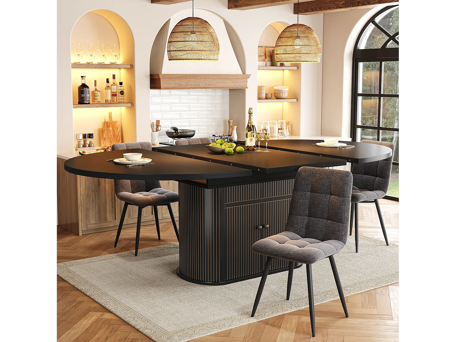 Table à Manger Extensible 118-158cm - Table Repas Ronde avec Socle de Rangement Central à Portes et Reliefs Verticaux - Noir