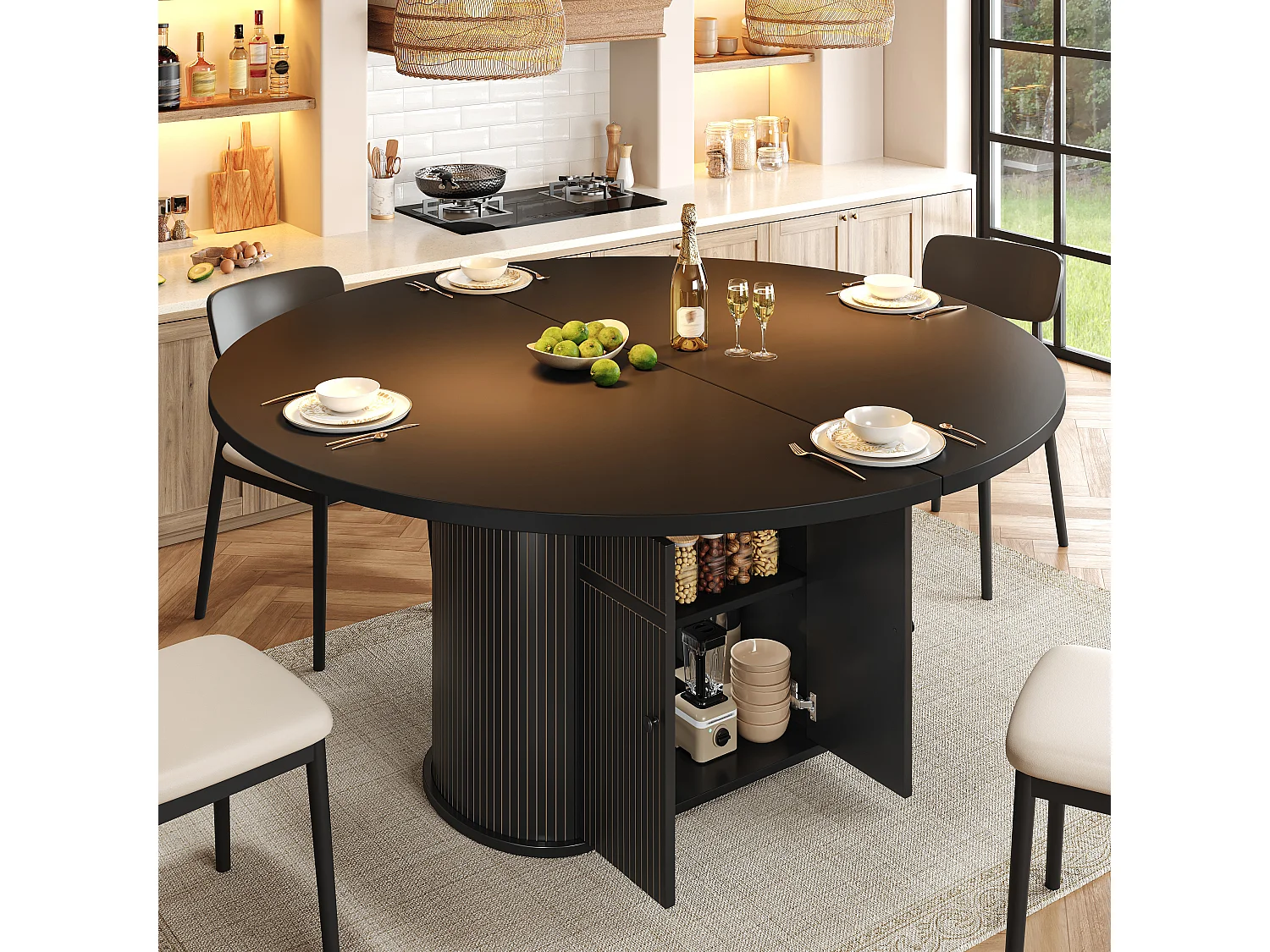 Table à Manger Extensible 118-158cm - Table Repas Ronde avec Socle de Rangement Central à Portes et Reliefs Verticaux - Noir