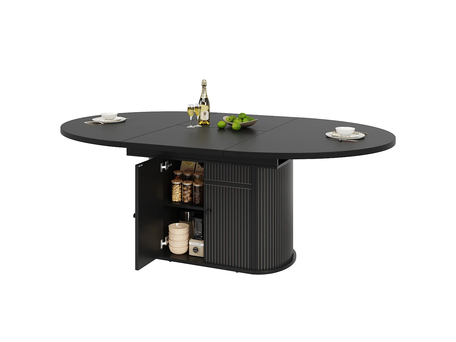 Table à Manger Extensible 118-158cm - Table Repas Ronde avec Socle de Rangement Central à Portes et Reliefs Verticaux - Noir