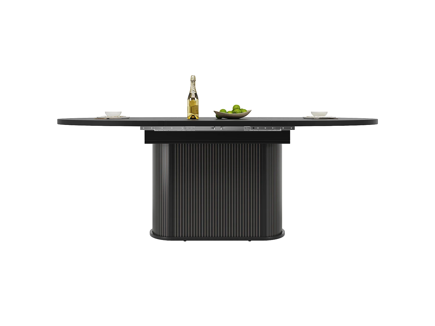 Table à Manger Extensible 118-158cm - Table Repas Ronde avec Socle de Rangement Central à Portes et Reliefs Verticaux - Noir