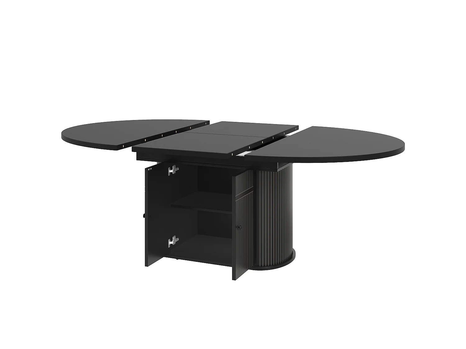 Table à Manger Extensible 118-158cm - Table Repas Ronde avec Socle de Rangement Central à Portes et Reliefs Verticaux - Noir