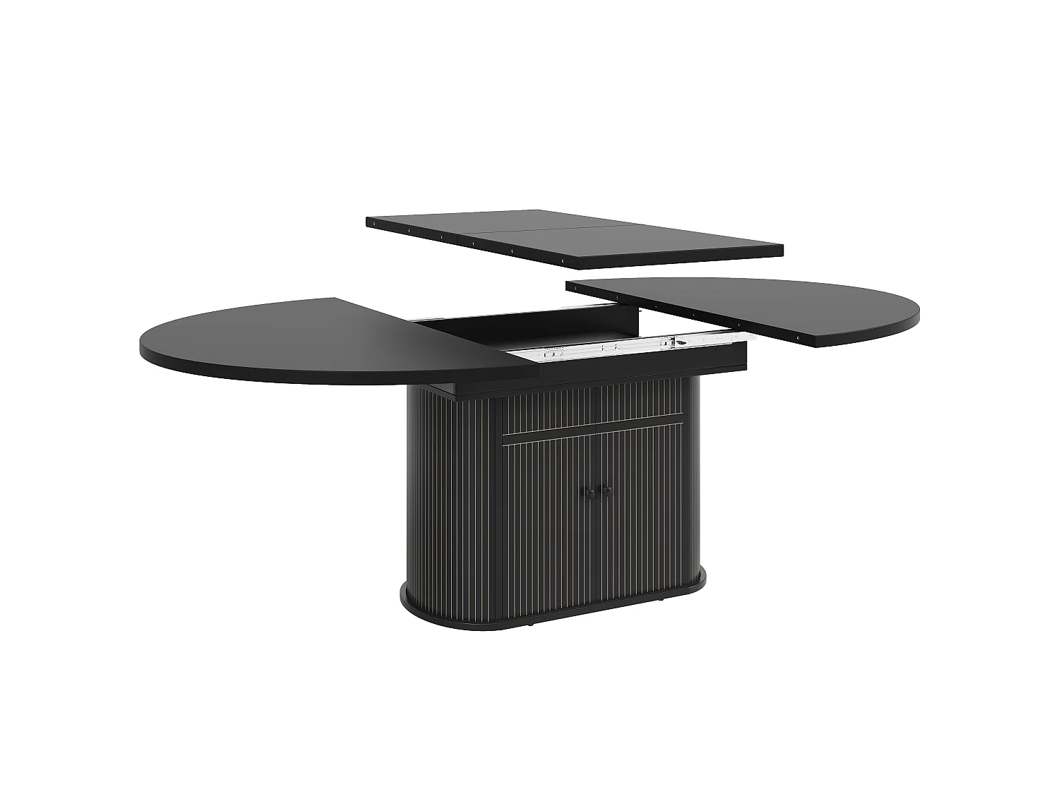 Table à Manger Extensible 118-158cm - Table Repas Ronde avec Socle de Rangement Central à Portes et Reliefs Verticaux - Noir