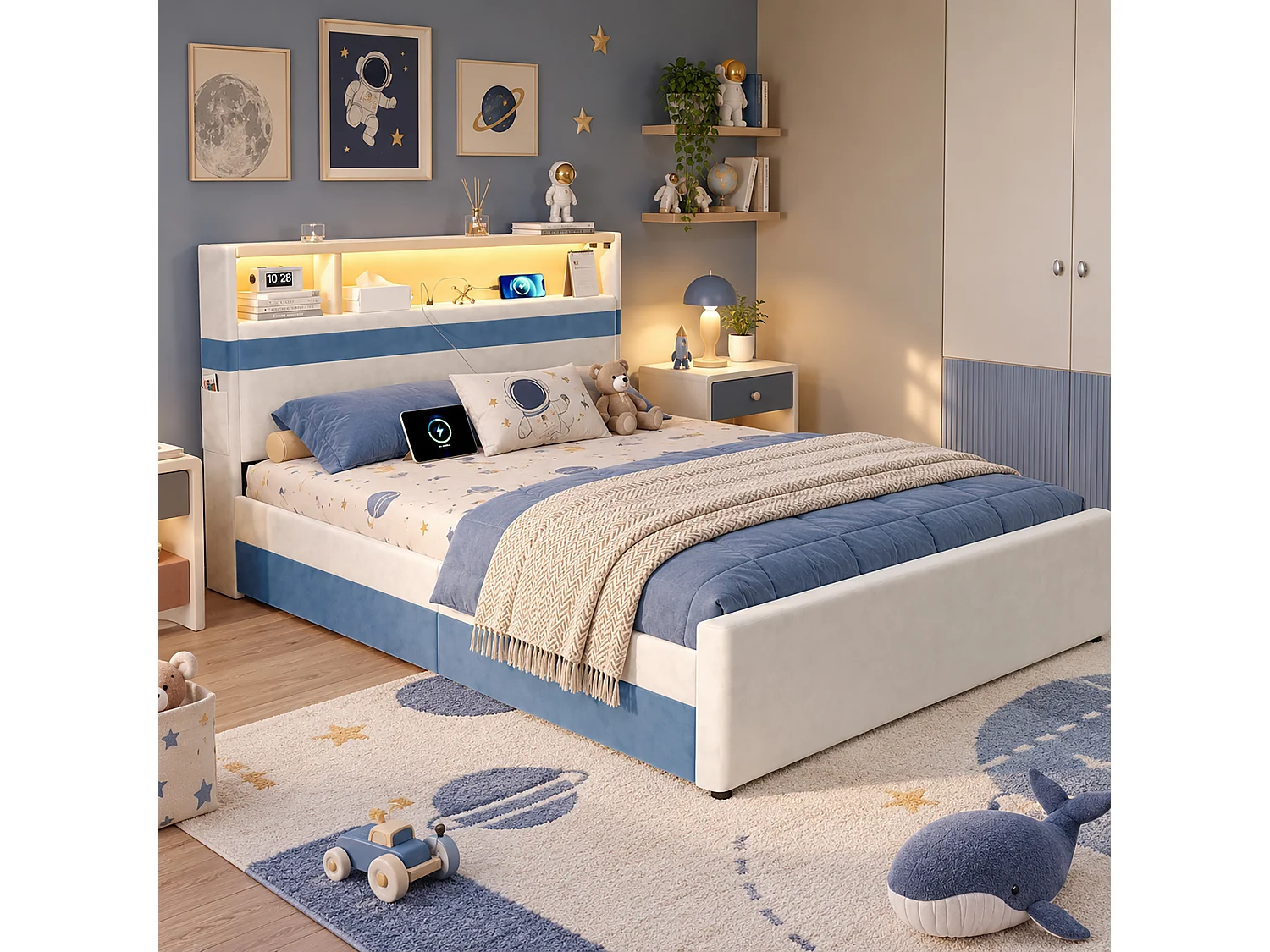 Lit rembourré pour enfants 140x200cm - avec 4 tiroirs - avec éclairage LED et un port de charge USB - tissu velours - Blanc + Bleu (sans matelas)
